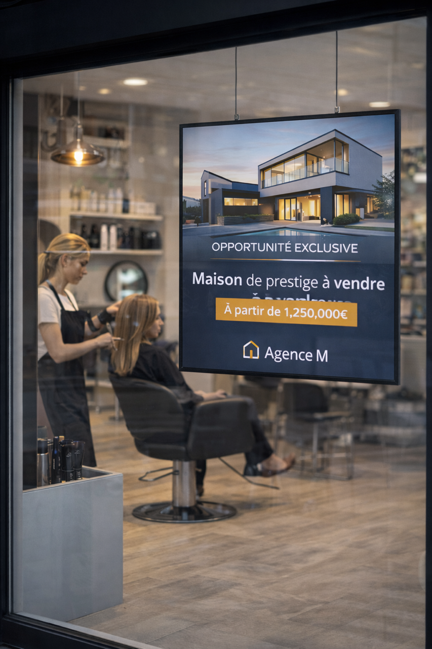 Publicité diffusée sur un écran PubMe dans un salon de coiffure au Luxembourg