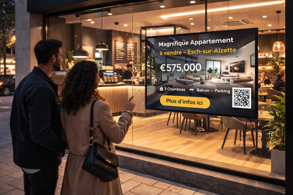 Présentation immobilière digitale sur un écran PubMe